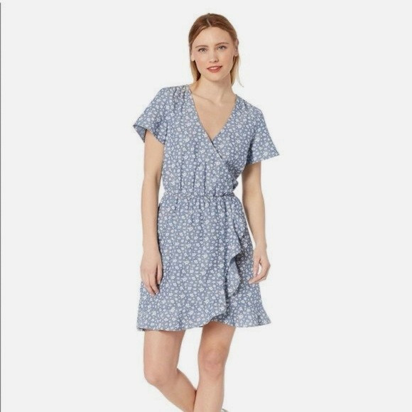 J Crew Mercantile Womens Blue Floral Chambray Ruffle Faux Wrap Dress SZ Medium - Picture 1 of 9
